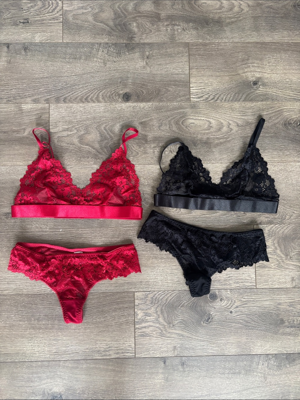 Lace Bralette & Bikini Set - Red and Black